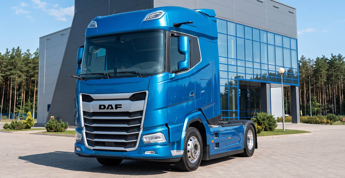 Синий грузовик DAF припаркованный возле салона