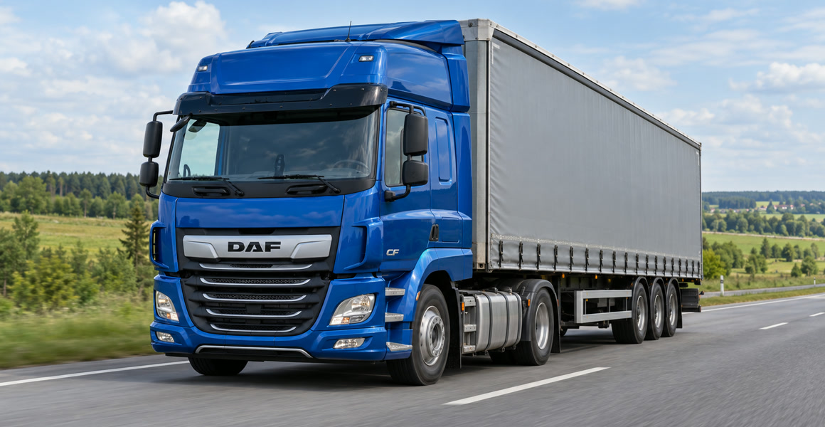 Синий седельный тягач DAF CF на загородной трассе