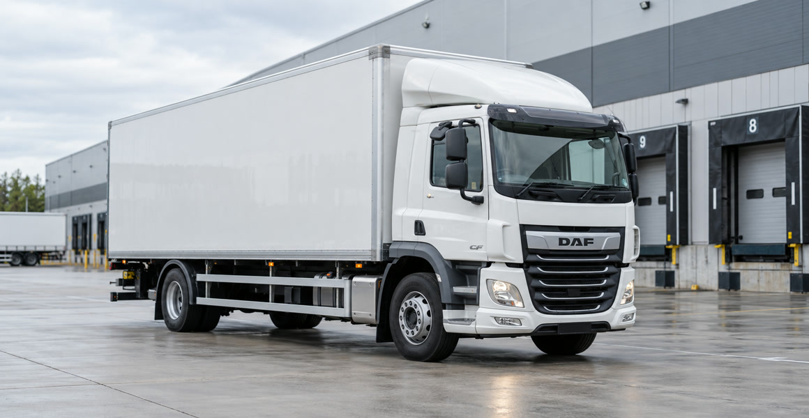 Белый грузовик DAF CF с фургоном у логистического центра