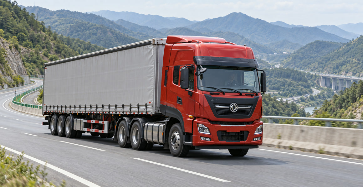 Красный тягач Dongfeng на горной автомагистрали